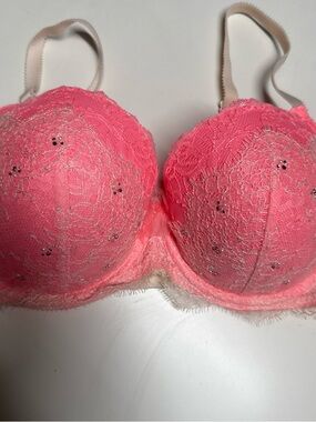 Victoria's Secret Neon Pink Lace Underwire Bra with Rhinestones